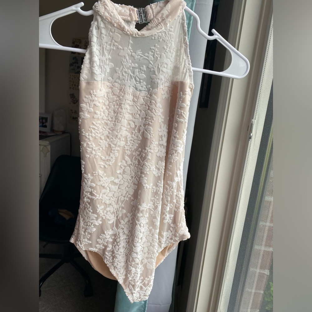 White lace mesh turtleneck ballet leotard (m)